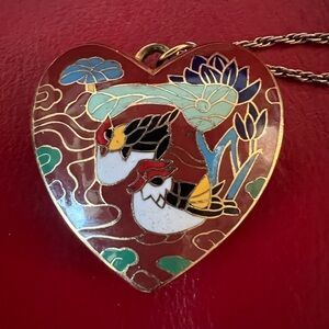 Vintage Cloisonné Heart Pendant Necklace Gold Tone Enamel Ducks & Lotus